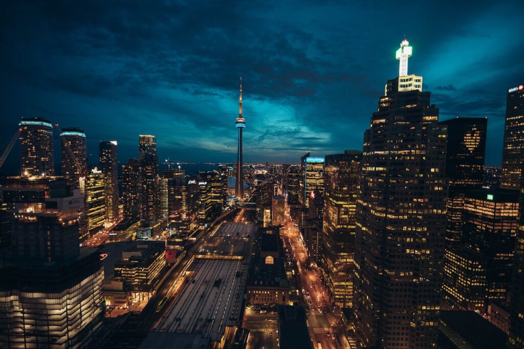 Toronto cityscape at night.
